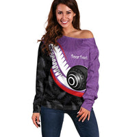 Personalised Aotearoa Lawn Bowls Off Shoulder Sweater Maori and Silver Fern Sporty Style Purple Color - Polynesian Pride
