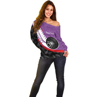 Personalised Aotearoa Lawn Bowls Off Shoulder Sweater Maori and Silver Fern Sporty Style Purple Color - Polynesian Pride