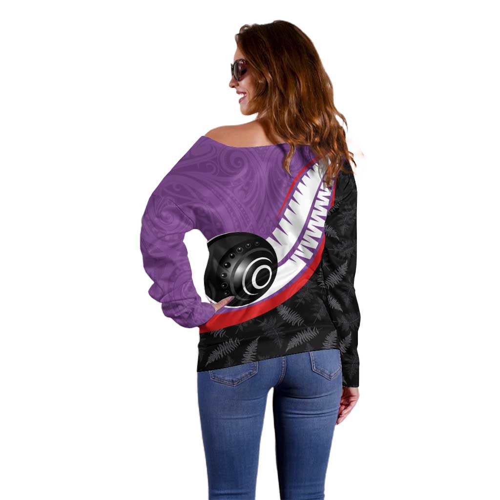Personalised Aotearoa Lawn Bowls Off Shoulder Sweater Maori and Silver Fern Sporty Style Purple Color - Polynesian Pride