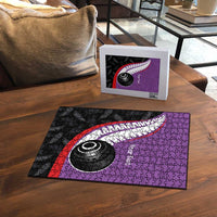 Personalised Aotearoa Lawn Bowls Puzzle Maori and Silver Fern Sporty Style Purple Color - Polynesian Pride