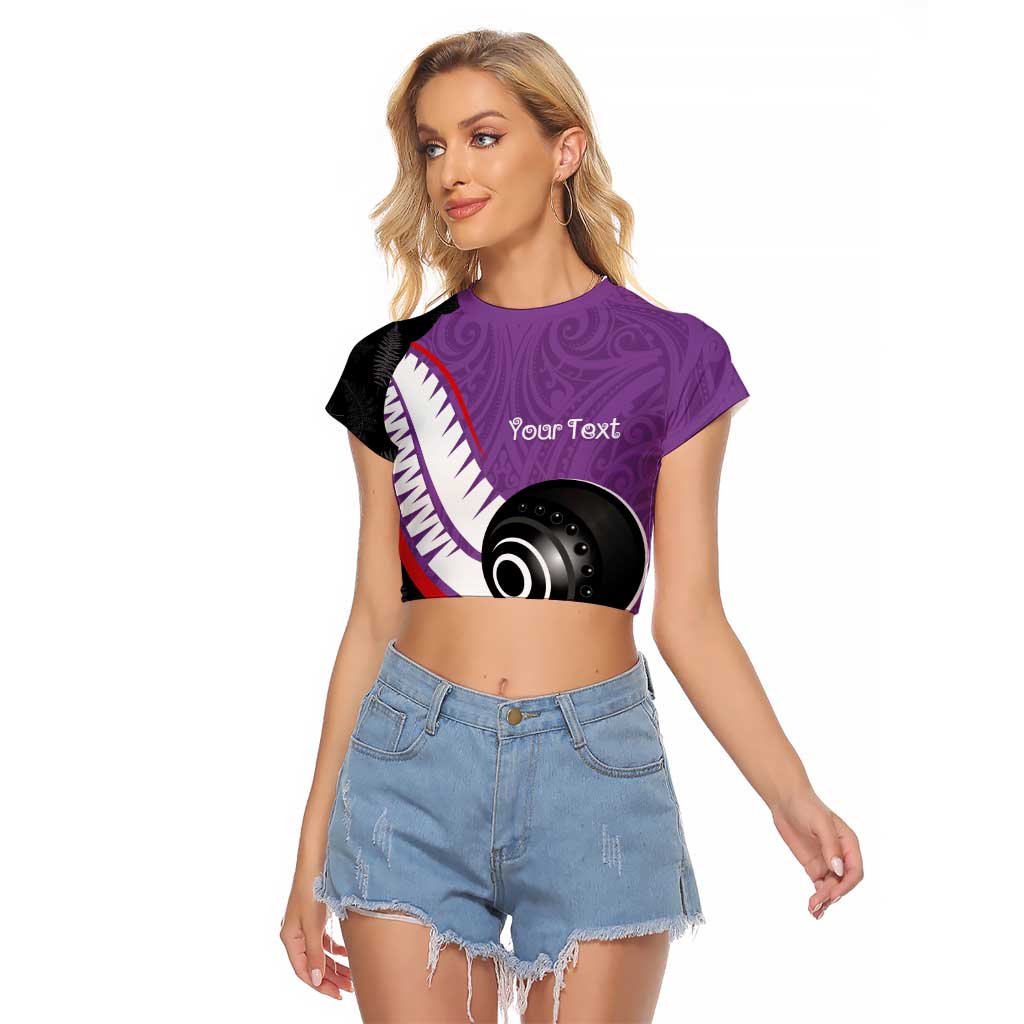 Personalised Aotearoa Lawn Bowls Raglan Cropped T Shirt Maori and Silver Fern Sporty Style Purple Color LT03 Female Purple - Polynesian Pride