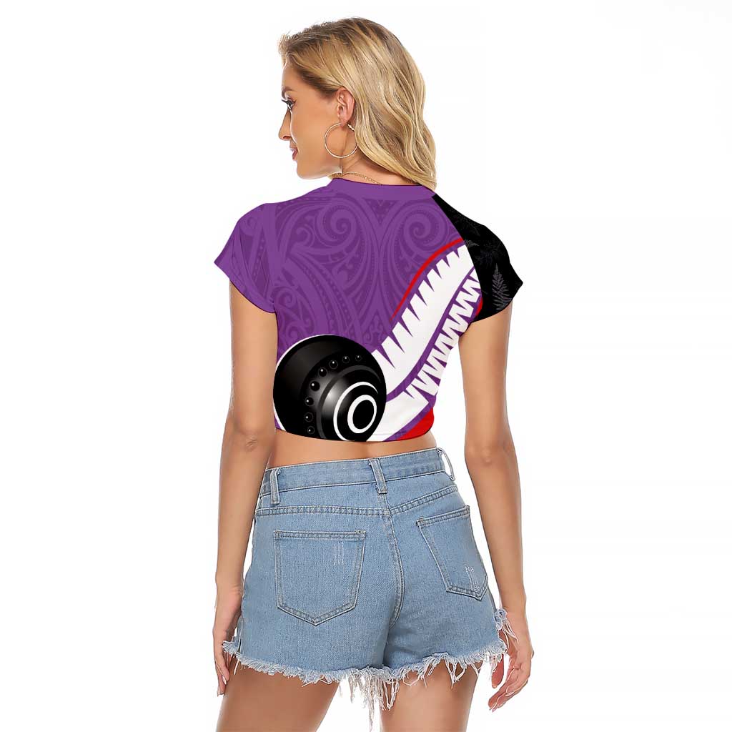 Personalised Aotearoa Lawn Bowls Raglan Cropped T Shirt Maori and Silver Fern Sporty Style Purple Color - Polynesian Pride