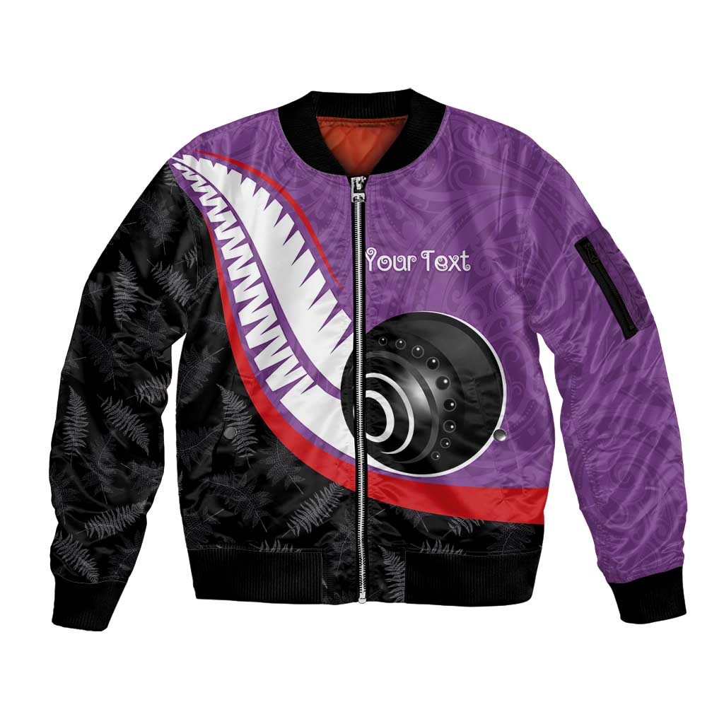 Personalised Aotearoa Lawn Bowls Sleeve Zip Bomber Jacket Maori and Silver Fern Sporty Style Purple Color - Polynesian Pride