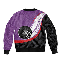 Personalised Aotearoa Lawn Bowls Sleeve Zip Bomber Jacket Maori and Silver Fern Sporty Style Purple Color - Polynesian Pride
