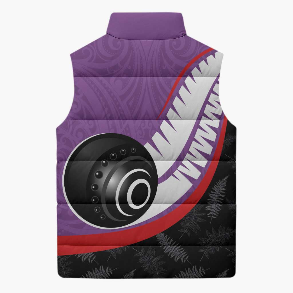 Personalised Aotearoa Lawn Bowls Sleeveless Puffer Jacket Maori and Silver Fern Sporty Style Purple Color - Polynesian Pride