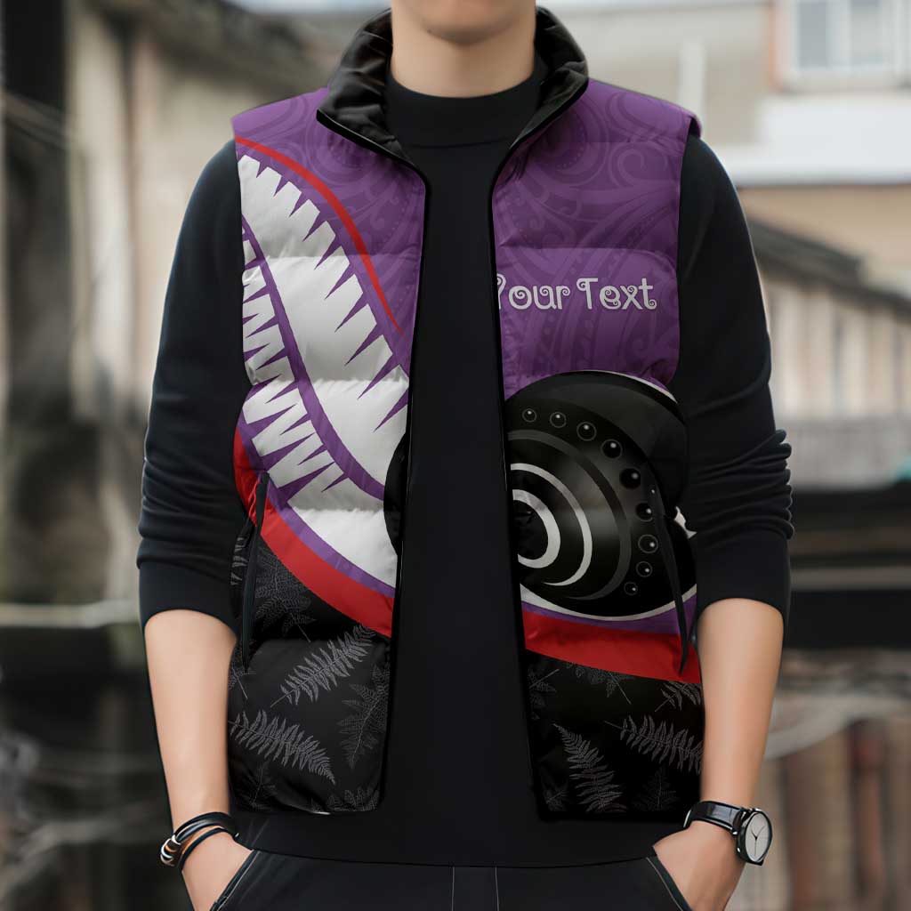 Personalised Aotearoa Lawn Bowls Sleeveless Puffer Jacket Maori and Silver Fern Sporty Style Purple Color - Polynesian Pride
