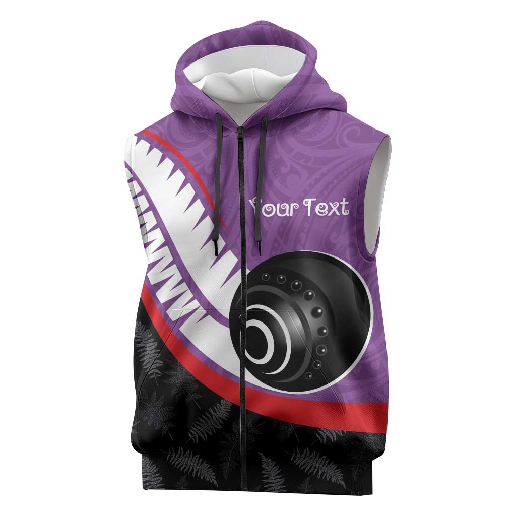 Personalised Aotearoa Lawn Bowls Sleeveless Zip Hoodie Maori and Silver Fern Sporty Style Purple Color LT03 Purple - Polynesian Pride