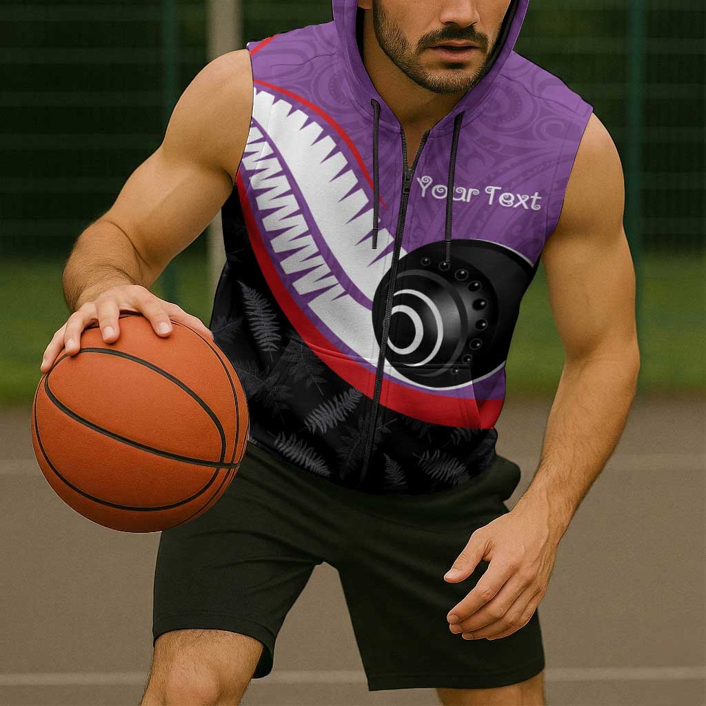 Personalised Aotearoa Lawn Bowls Sleeveless Zip Hoodie Maori and Silver Fern Sporty Style Purple Color - Polynesian Pride