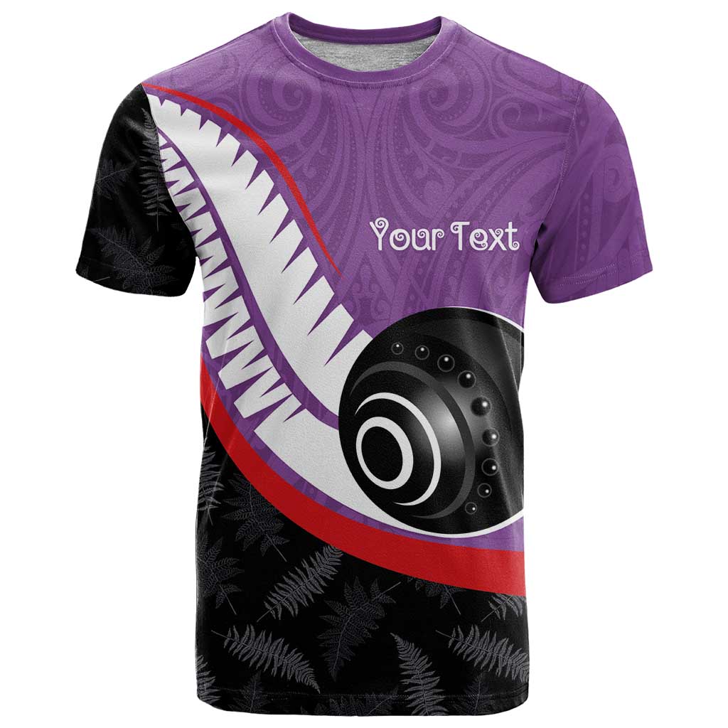 Personalised Aotearoa Lawn Bowls T Shirt Maori and Silver Fern Sporty Style Purple Color - Polynesian Pride