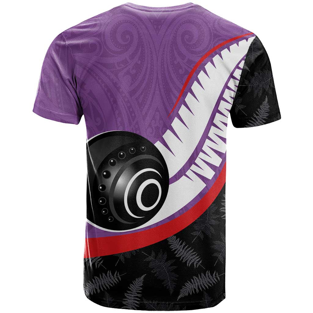 Personalised Aotearoa Lawn Bowls T Shirt Maori and Silver Fern Sporty Style Purple Color - Polynesian Pride