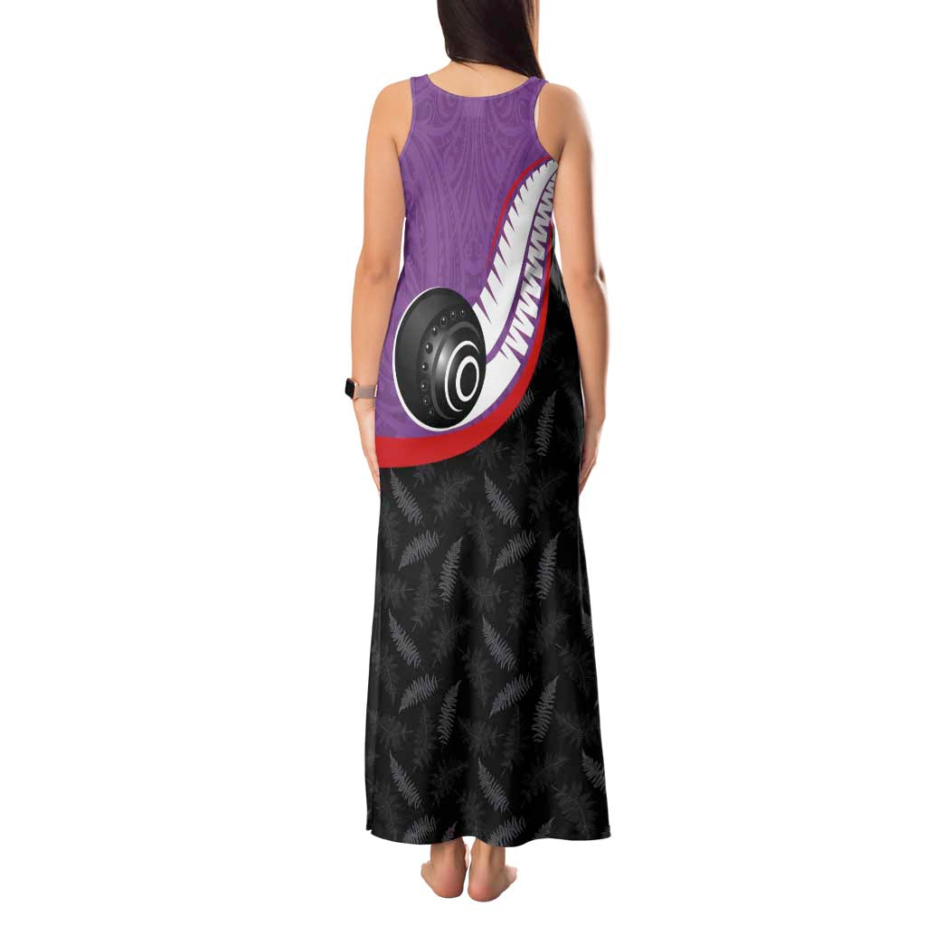 Personalised Aotearoa Lawn Bowls Tank Maxi Dress Maori and Silver Fern Sporty Style Purple Color - Polynesian Pride