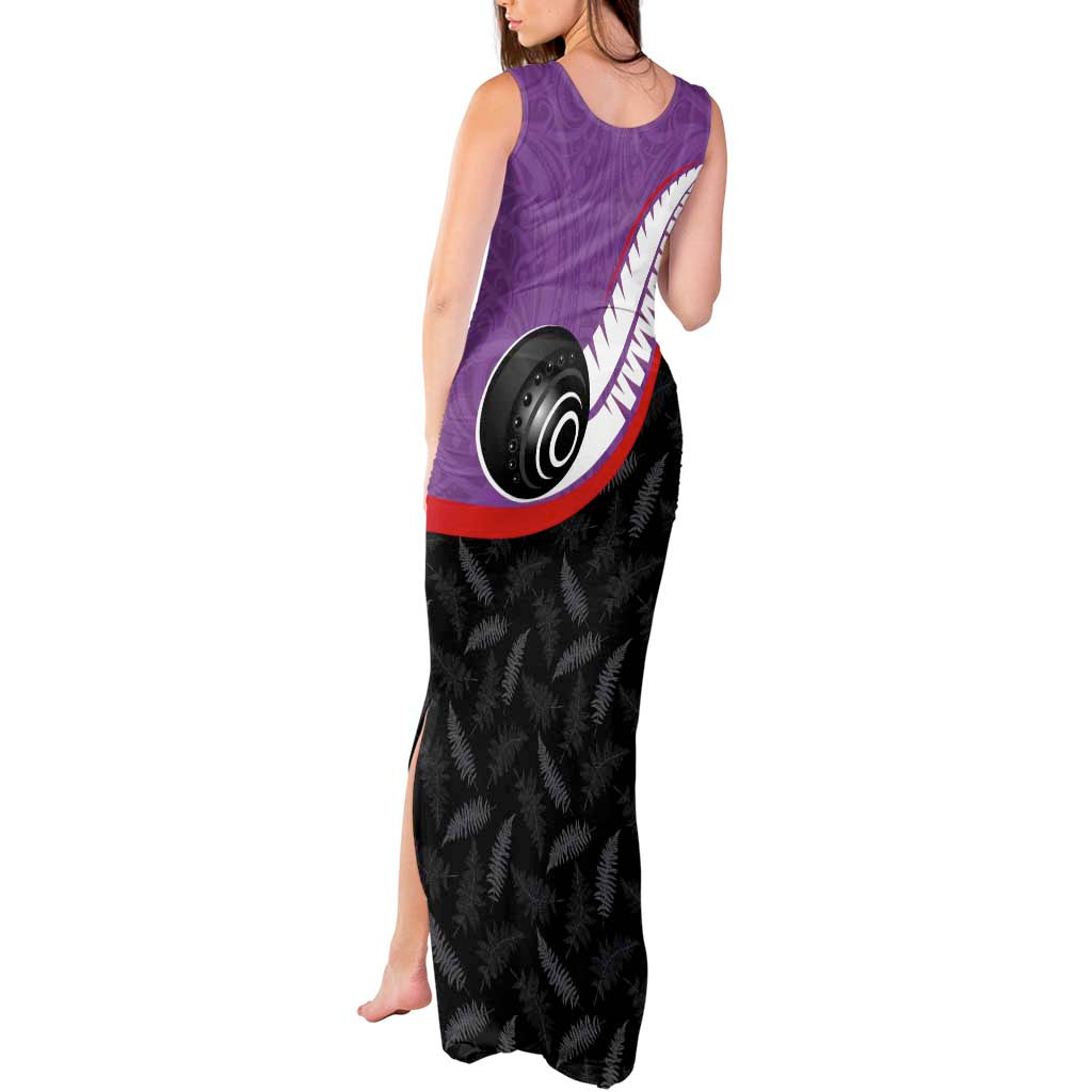 Personalised Aotearoa Lawn Bowls Tank Maxi Dress Maori and Silver Fern Sporty Style Purple Color - Polynesian Pride