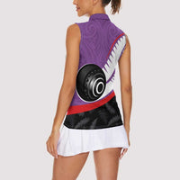 Personalised Aotearoa Lawn Bowls Women Sleeveless Polo Shirt Maori and Silver Fern Sporty Style Purple Color - Polynesian Pride
