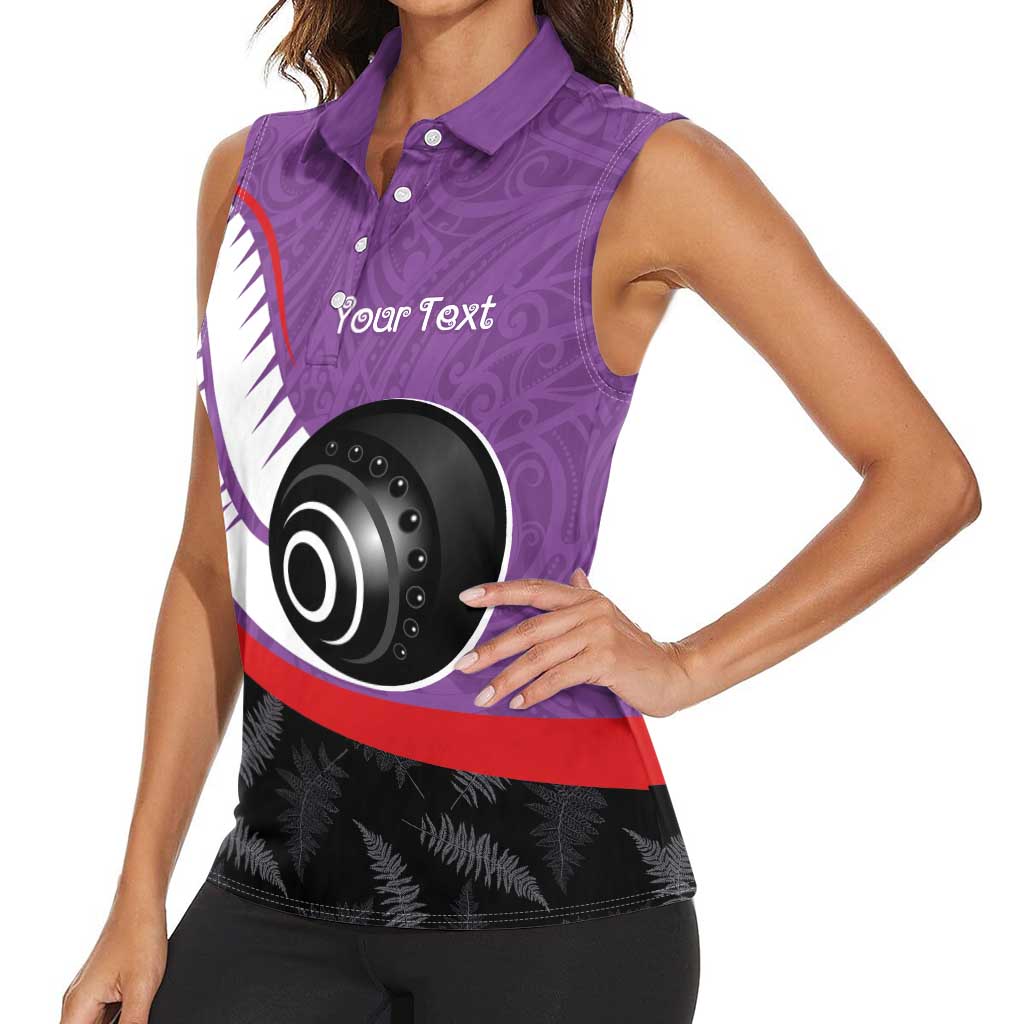 Personalised Aotearoa Lawn Bowls Women Sleeveless Polo Shirt Maori and Silver Fern Sporty Style Purple Color - Polynesian Pride