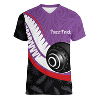 Personalised Aotearoa Lawn Bowls Women V-Neck T-Shirt Maori and Silver Fern Sporty Style Purple Color - Polynesian Pride