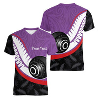 Personalised Aotearoa Lawn Bowls Women V-Neck T-Shirt Maori and Silver Fern Sporty Style Purple Color - Polynesian Pride
