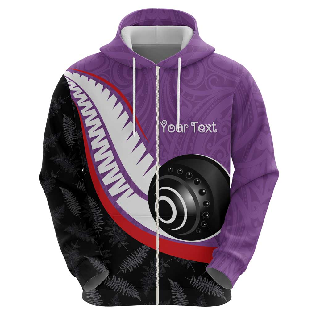Personalised Aotearoa Lawn Bowls Zip Hoodie Maori and Silver Fern Sporty Style Purple Color - Polynesian Pride