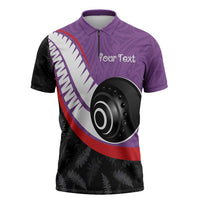 Personalised Aotearoa Lawn Bowls Zipper Polo Shirt Maori and Silver Fern Sporty Style Purple Color - Polynesian Pride