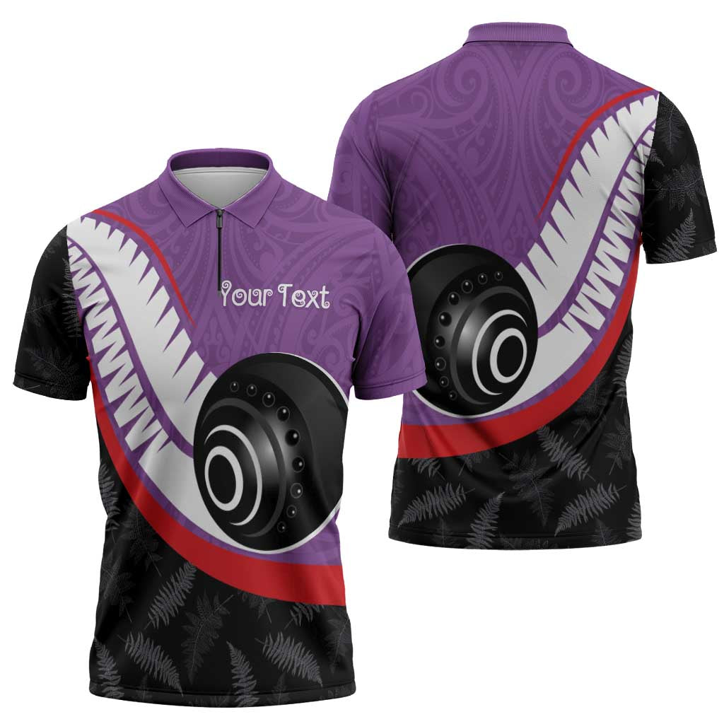 Personalised Aotearoa Lawn Bowls Zipper Polo Shirt Maori and Silver Fern Sporty Style Purple Color - Polynesian Pride