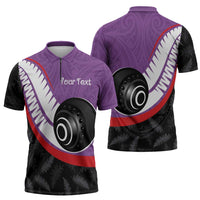 Personalised Aotearoa Lawn Bowls Zipper Polo Shirt Maori and Silver Fern Sporty Style Purple Color - Polynesian Pride