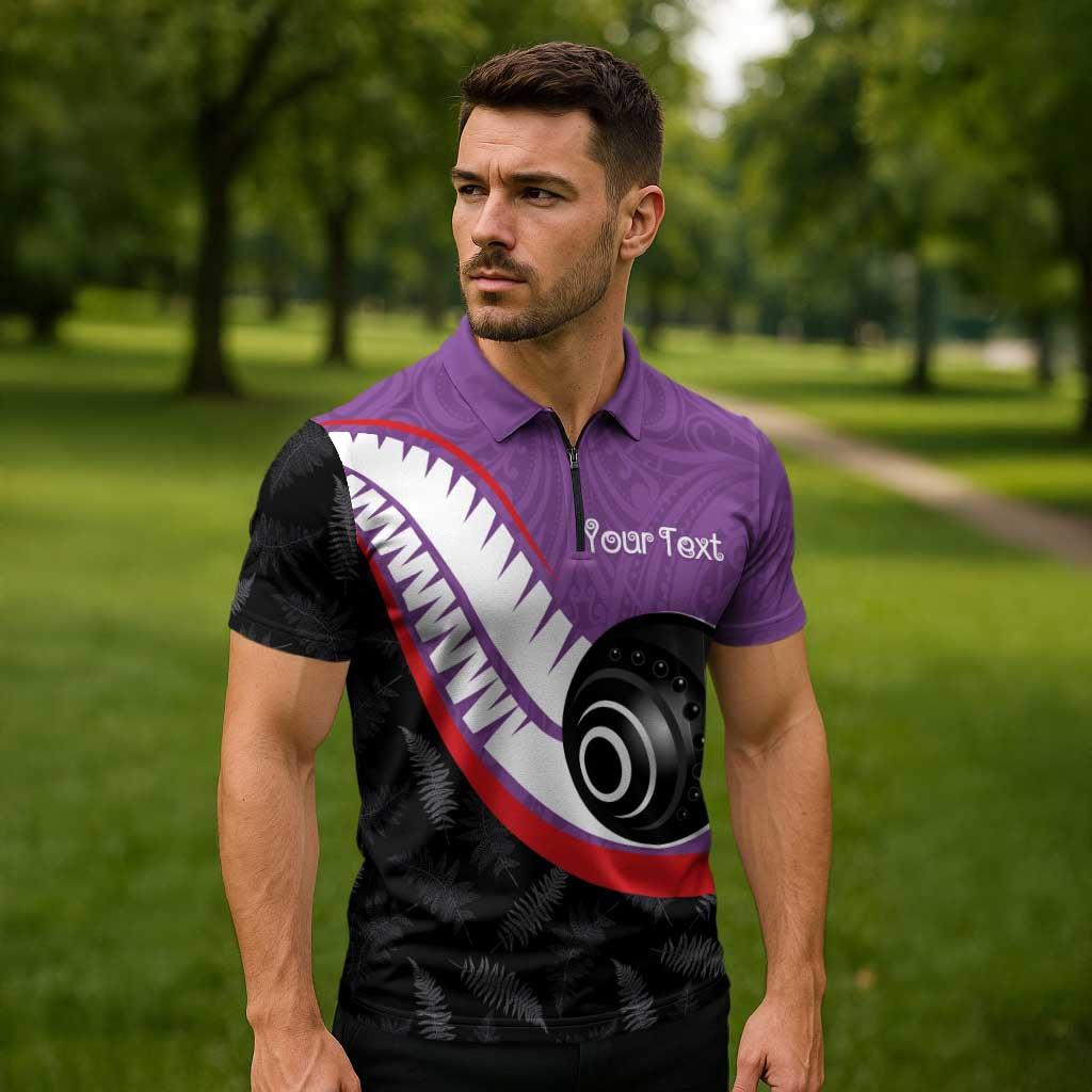 Personalised Aotearoa Lawn Bowls Zipper Polo Shirt Maori and Silver Fern Sporty Style Purple Color - Polynesian Pride