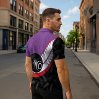 Personalised Aotearoa Lawn Bowls Zipper Polo Shirt Maori and Silver Fern Sporty Style Purple Color - Polynesian Pride