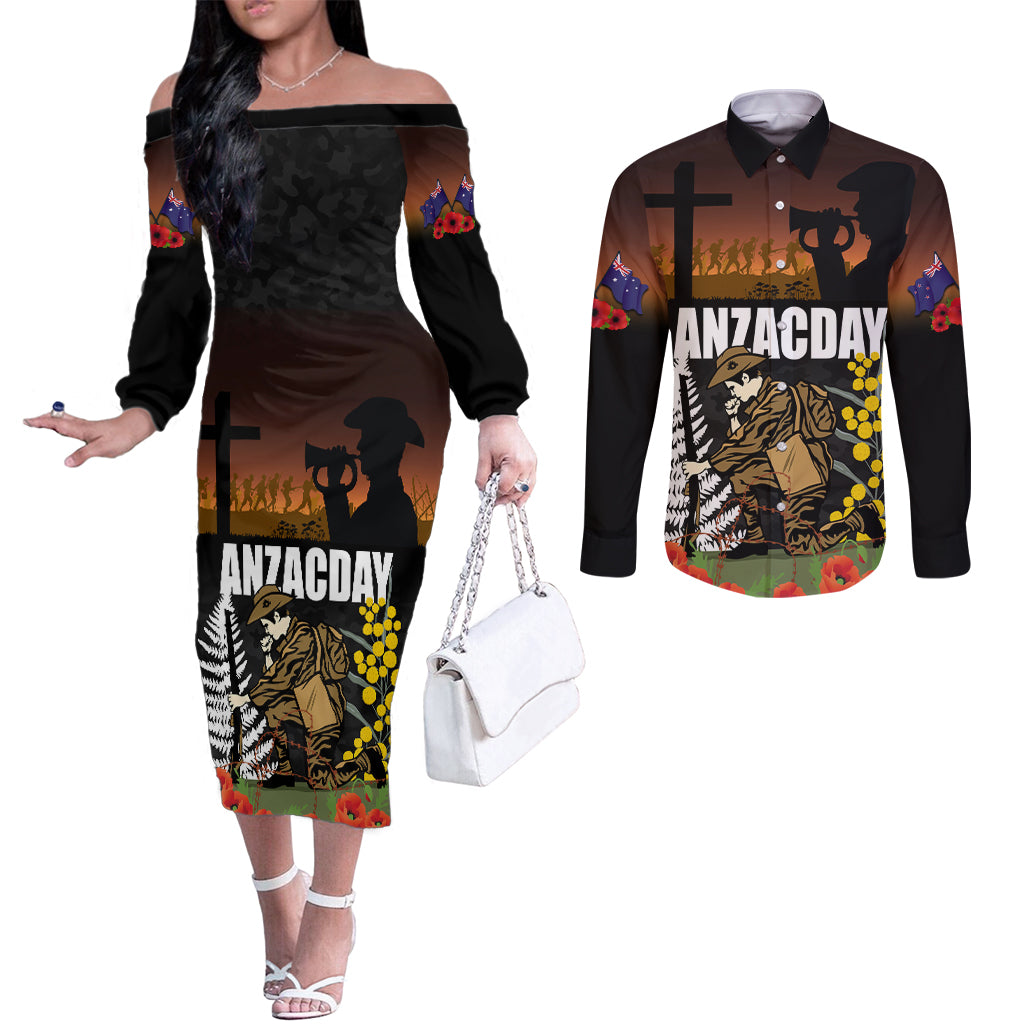 New Zealand and Australia ANZAC Day Couples Matching Off The Shoulder Long Sleeve Dress and Long Sleeve Button Shirt Soldier and Last Post Camouflage Pattern LT03 Black - Polynesian Pride