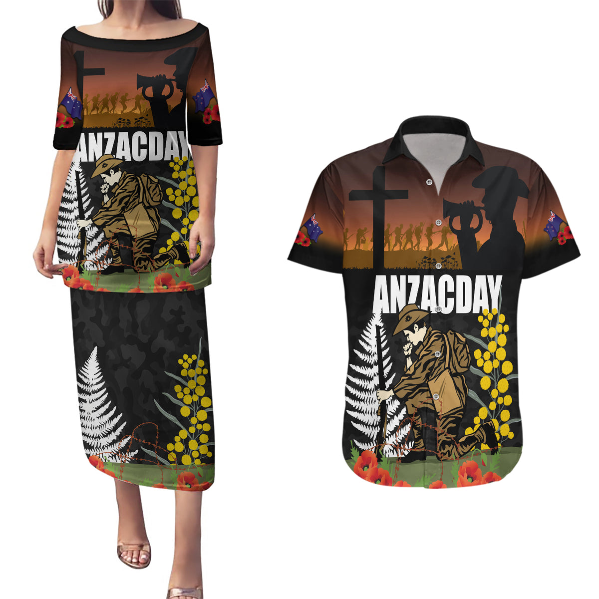 New Zealand and Australia ANZAC Day Couples Matching Puletasi and Hawaiian Shirt Soldier and Last Post Camouflage Pattern LT03 Black - Polynesian Pride