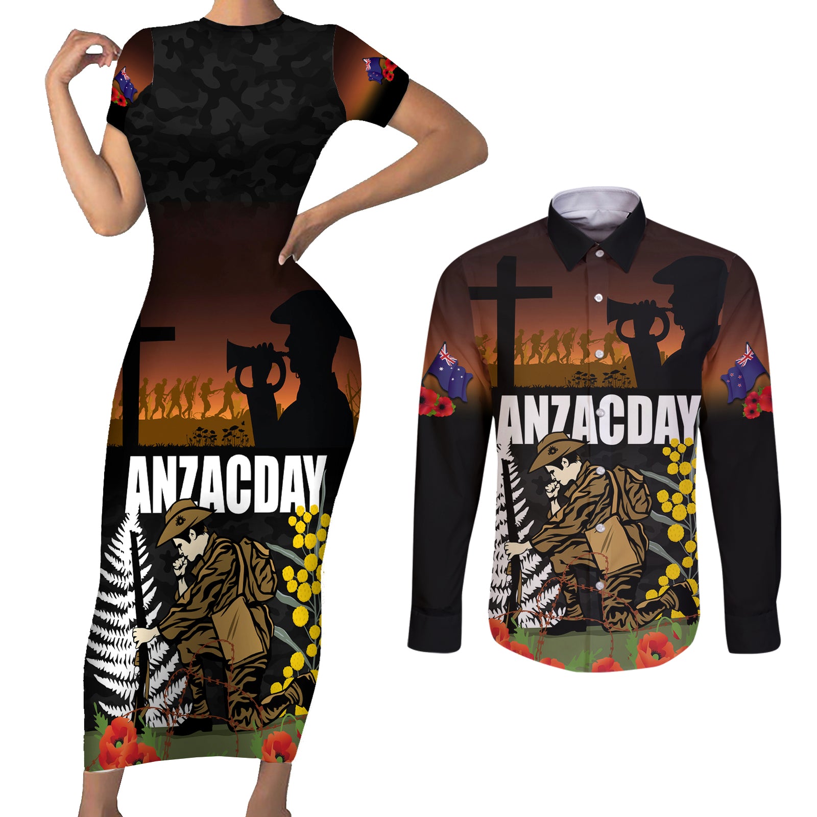 New Zealand and Australia ANZAC Day Couples Matching Short Sleeve Bodycon Dress and Long Sleeve Button Shirt Soldier and Last Post Camouflage Pattern LT03 Black - Polynesian Pride