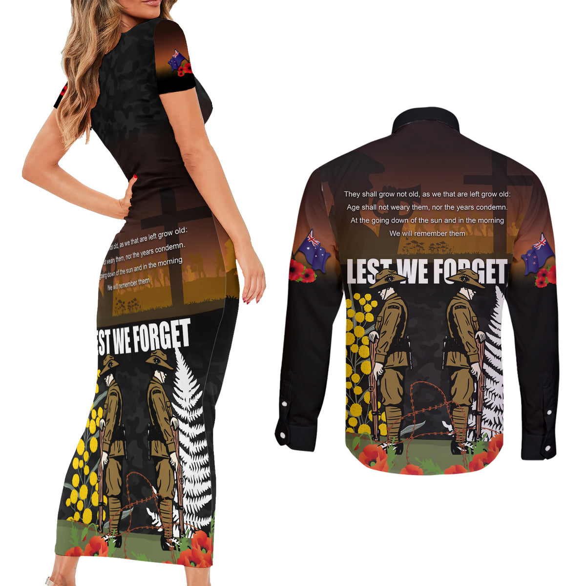 New Zealand and Australia ANZAC Day Couples Matching Short Sleeve Bodycon Dress and Long Sleeve Button Shirt Soldier and Last Post Camouflage Pattern LT03 - Polynesian Pride
