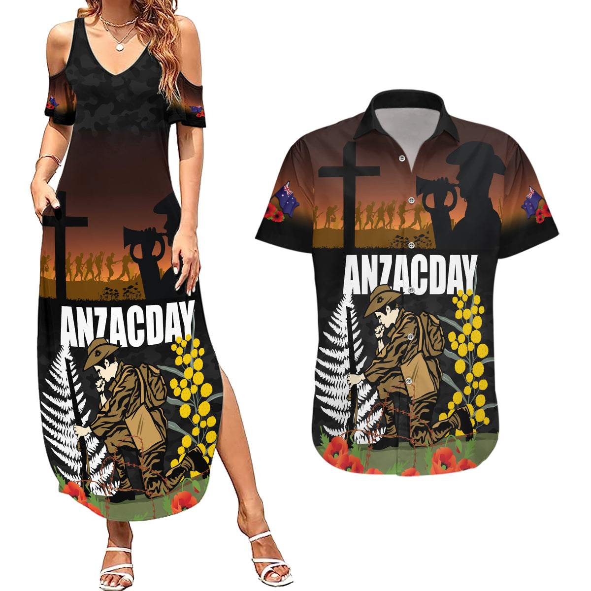 New Zealand and Australia ANZAC Day Couples Matching Summer Maxi Dress and Hawaiian Shirt Soldier and Last Post Camouflage Pattern LT03 Black - Polynesian Pride
