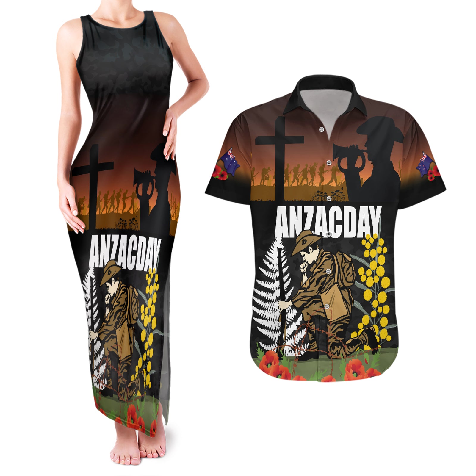 New Zealand and Australia ANZAC Day Couples Matching Tank Maxi Dress and Hawaiian Shirt Soldier and Last Post Camouflage Pattern LT03 Black - Polynesian Pride