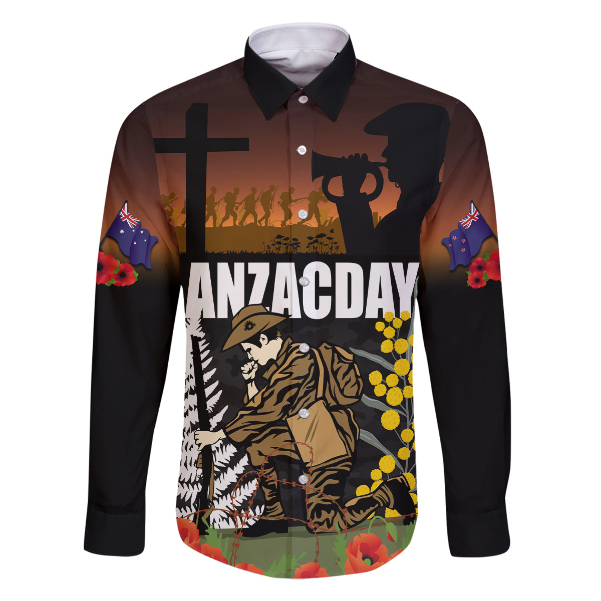 New Zealand and Australia ANZAC Day Family Matching Off Shoulder Short Dress and Hawaiian Shirt Soldier and Last Post Camouflage Pattern LT03 Dad's Shirt - Long Sleeve Black - Polynesian Pride