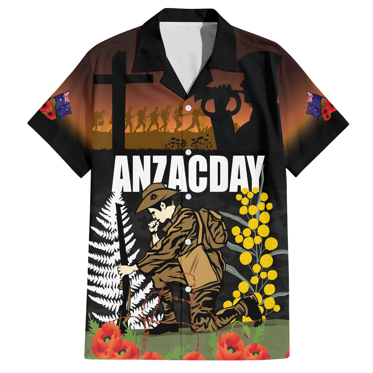 New Zealand and Australia ANZAC Day Family Matching Tank Maxi Dress and Hawaiian Shirt Soldier and Last Post Camouflage Pattern LT03 Dad's Shirt - Short Sleeve Black - Polynesian Pride