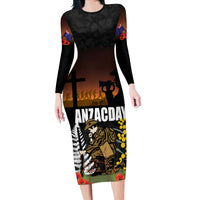 New Zealand and Australia ANZAC Day Long Sleeve Bodycon Dress Soldier and Last Post Camouflage Pattern LT03 Long Dress Black - Polynesian Pride