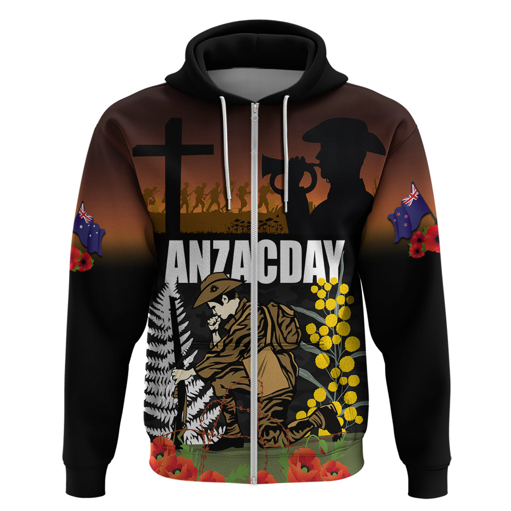 New Zealand and Australia ANZAC Day Zip Hoodie Soldier and Last Post Camouflage Pattern LT03 Zip Hoodie Black - Polynesian Pride