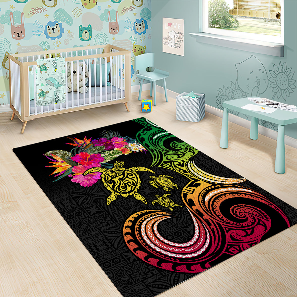 Hawaii Turtle Day Area Rug Polynesian Tattoo and Hibiscus Flowers