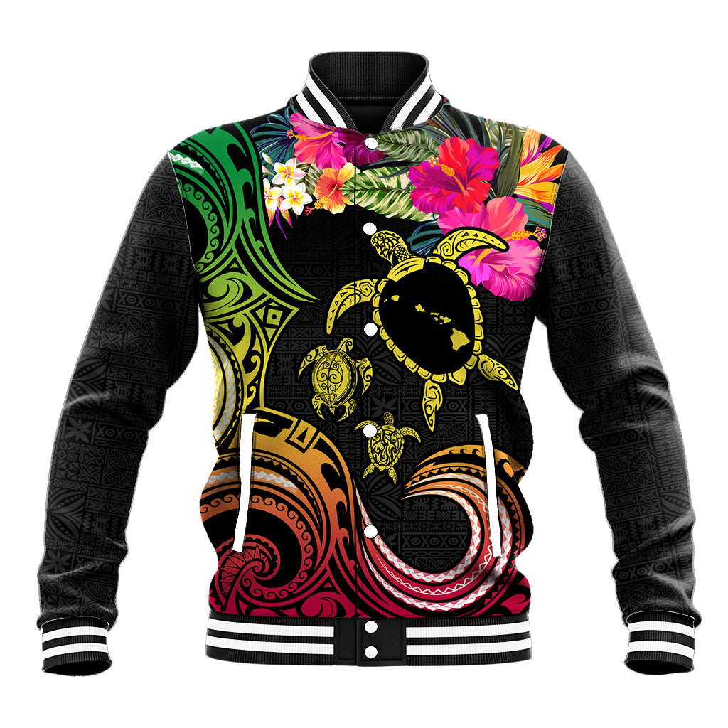 Hawaii Turtle Day Baseball Jacket Polynesian Tattoo and Hibiscus Flowers LT03 Unisex Black - Polynesian Pride