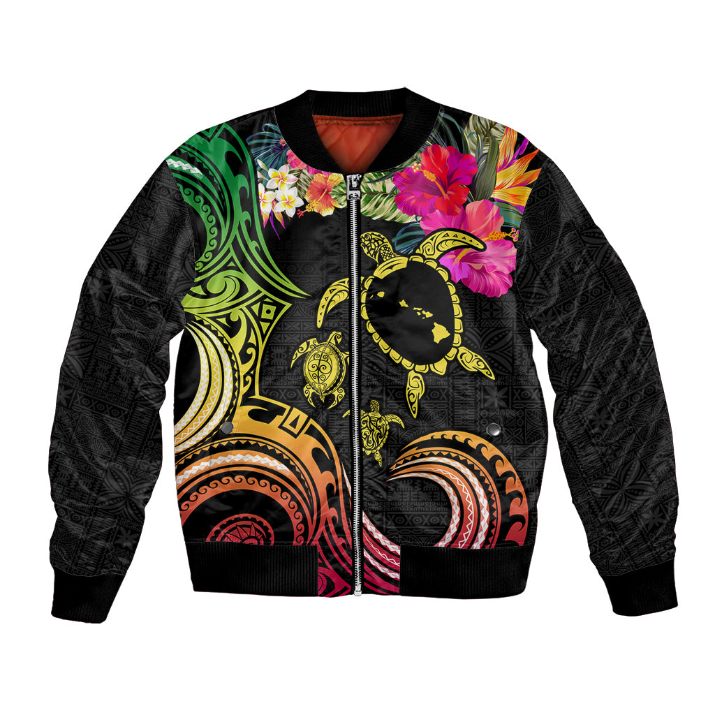Hawaii Turtle Day Bomber Jacket Polynesian Tattoo and Hibiscus Flowers