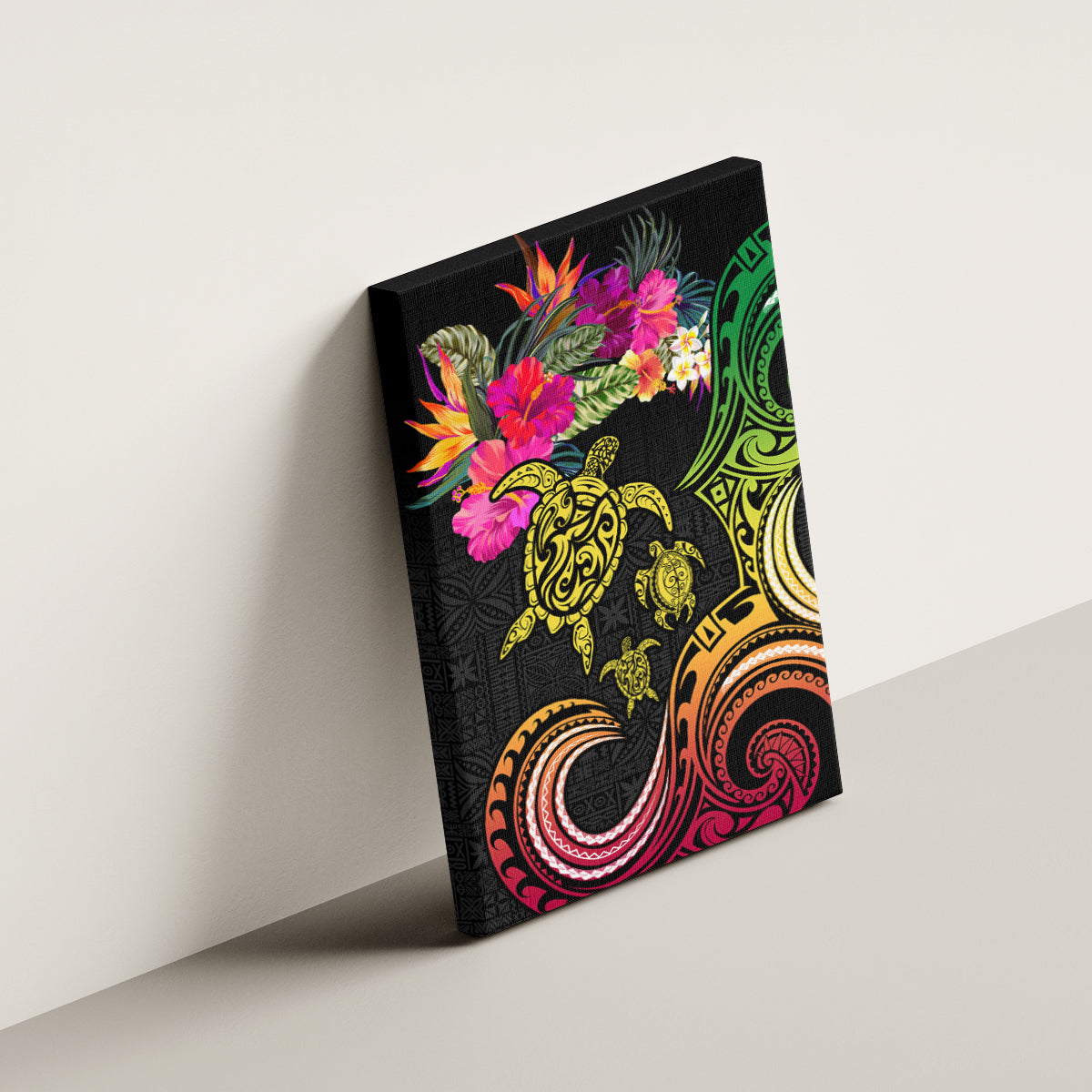 Hawaii Turtle Day Canvas Wall Art Polynesian Tattoo and Hibiscus Flowers