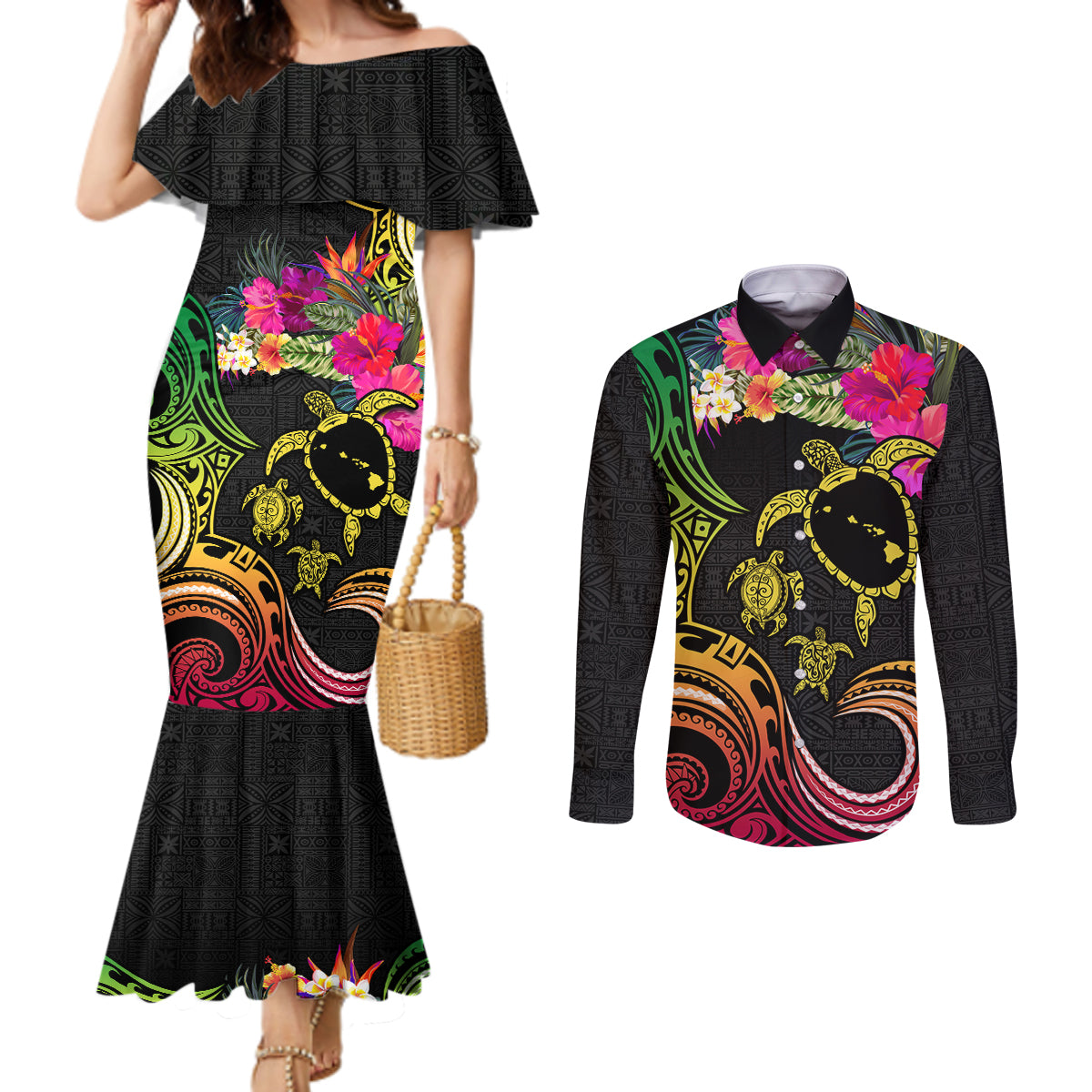 Hawaii Turtle Day Couples Matching Mermaid Dress and Long Sleeve Button Shirt Polynesian Tattoo and Hibiscus Flowers