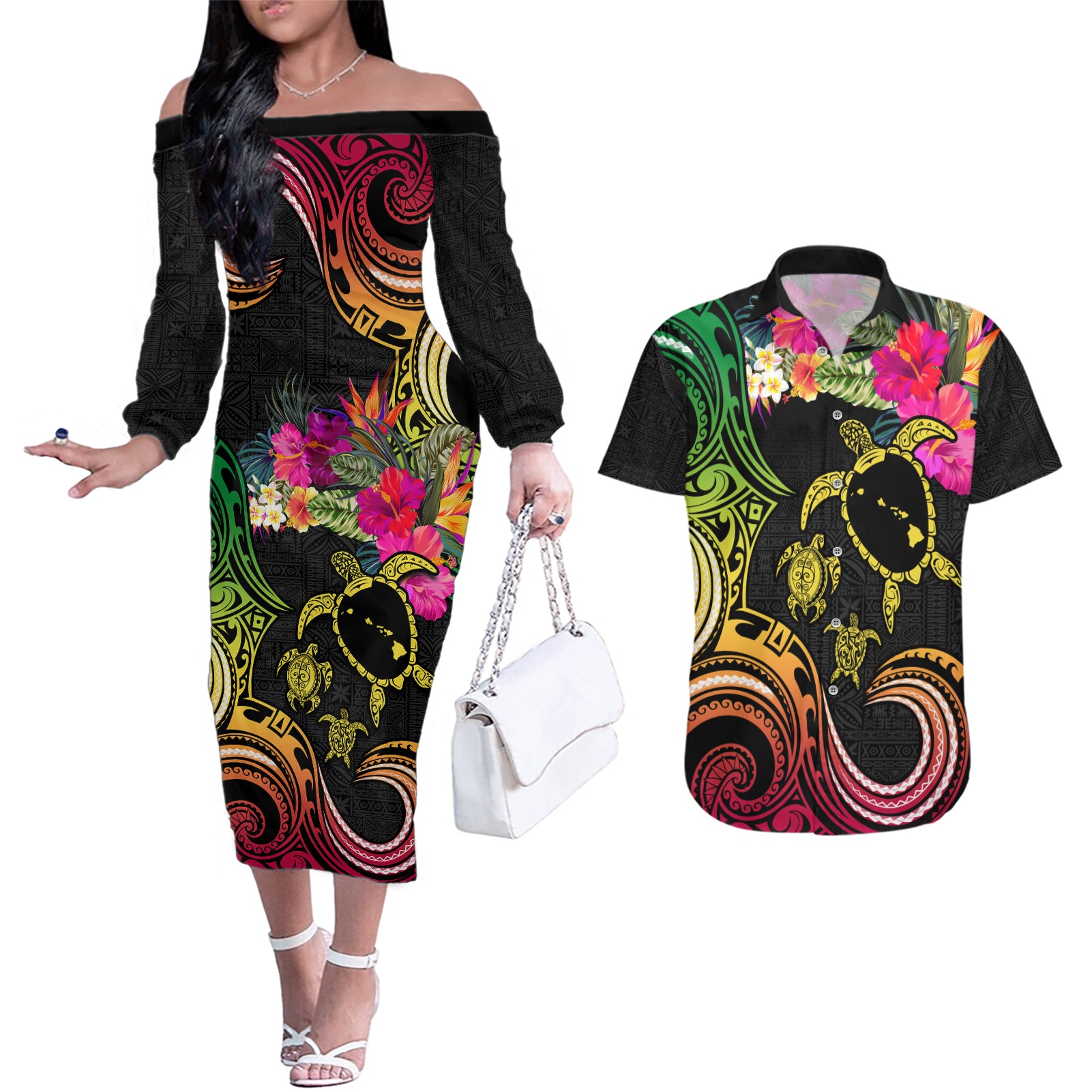 Hawaii Turtle Day Couples Matching Off The Shoulder Long Sleeve Dress and Hawaiian Shirt Polynesian Tattoo and Hibiscus Flowers