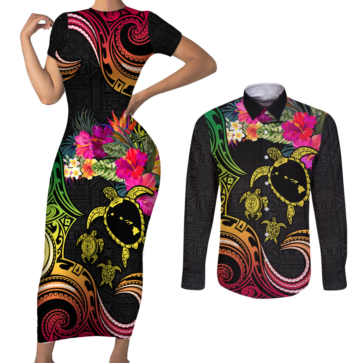 Hawaii Turtle Day Couples Matching Short Sleeve Bodycon Dress and Long Sleeve Button Shirt Polynesian Tattoo and Hibiscus Flowers