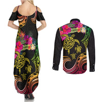 Hawaii Turtle Day Couples Matching Summer Maxi Dress and Long Sleeve Button Shirt Polynesian Tattoo and Hibiscus Flowers