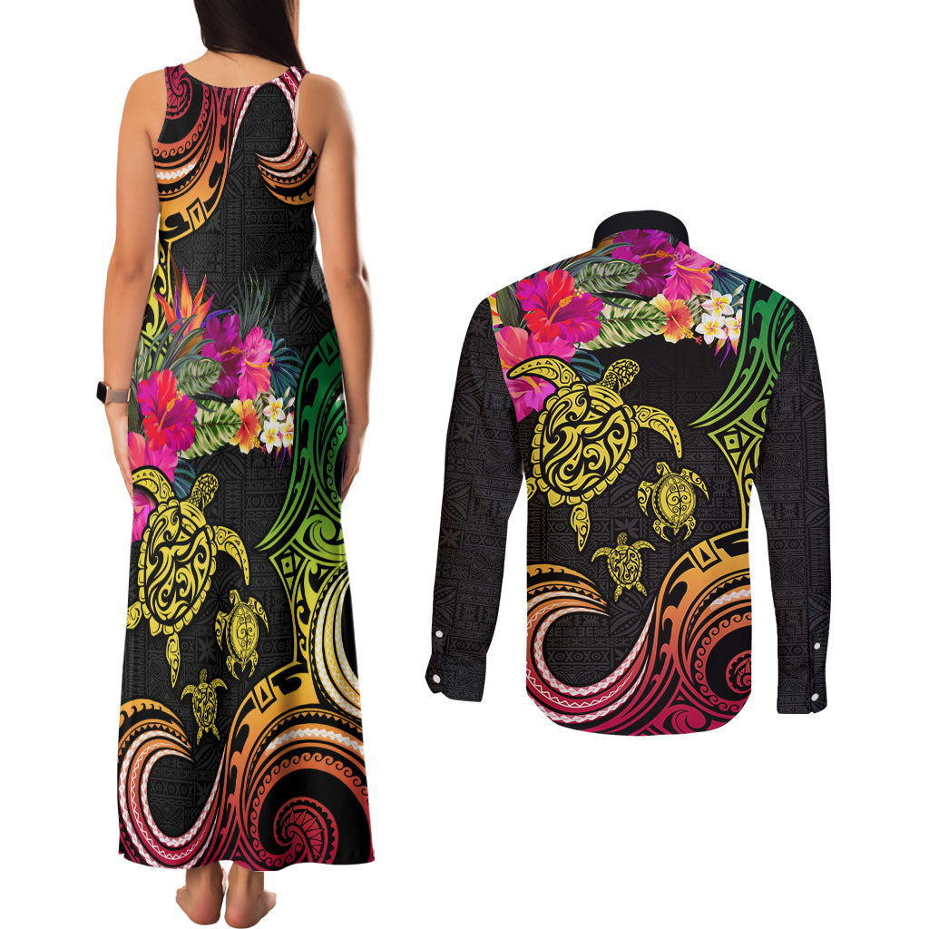 Hawaii Turtle Day Couples Matching Tank Maxi Dress and Long Sleeve Button Shirt Polynesian Tattoo and Hibiscus Flowers