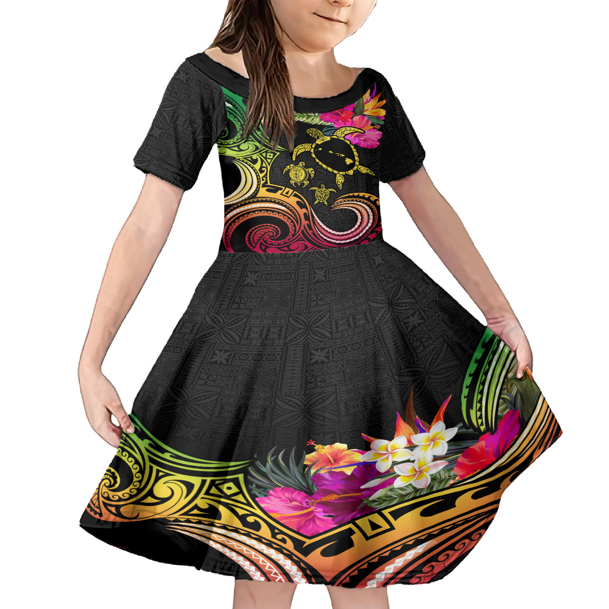 Hawaii Turtle Day Family Matching Long Sleeve Bodycon Dress and Hawaiian Shirt Polynesian Tattoo and Hibiscus Flowers LT03 Daughter's Dress Black - Polynesian Pride