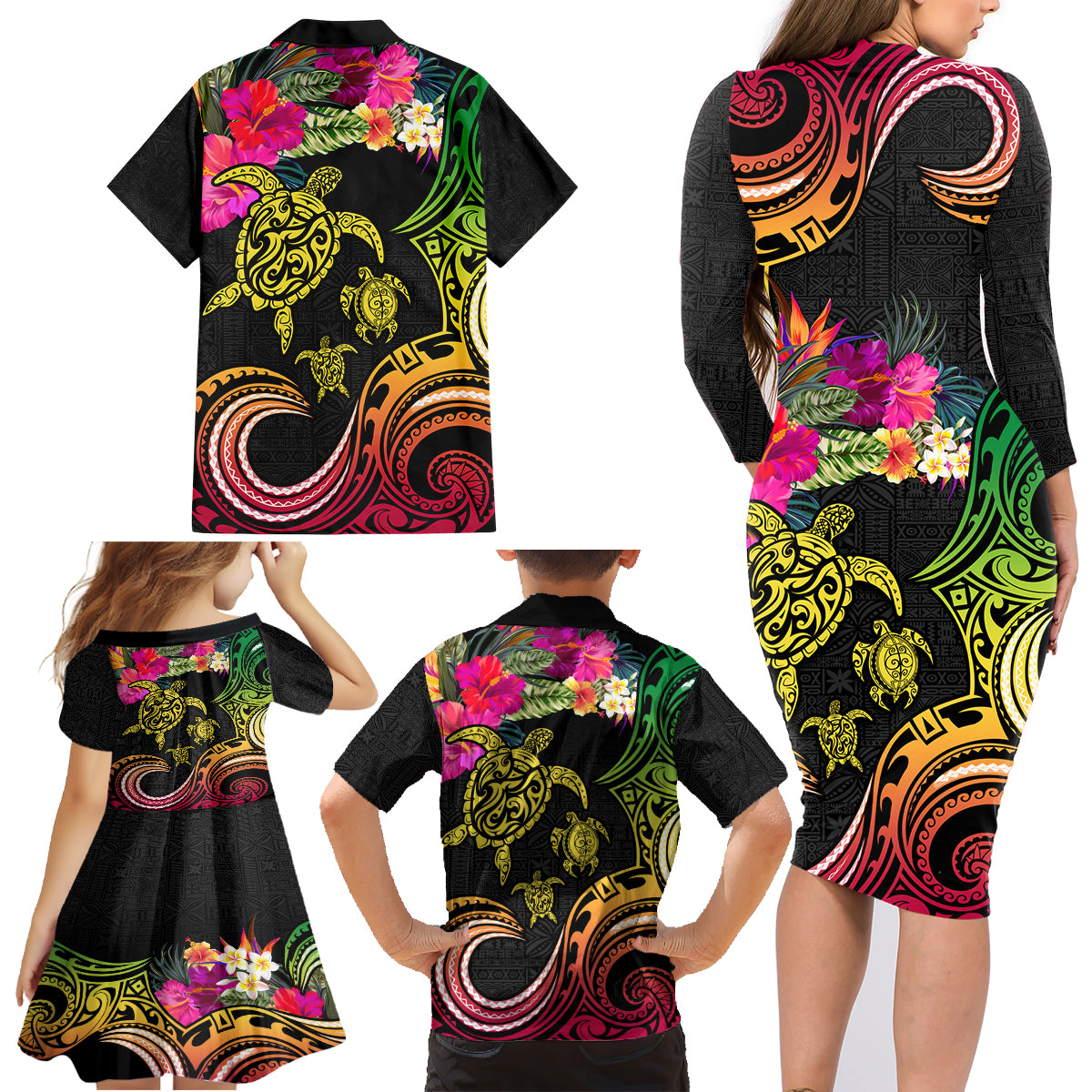 Hawaii Turtle Day Family Matching Long Sleeve Bodycon Dress and Hawaiian Shirt Polynesian Tattoo and Hibiscus Flowers LT03 - Polynesian Pride