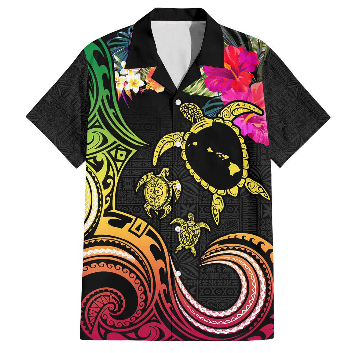Hawaii Turtle Day Family Matching Long Sleeve Bodycon Dress and Hawaiian Shirt Polynesian Tattoo and Hibiscus Flowers LT03 Dad's Shirt - Short Sleeve Black - Polynesian Pride