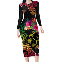 Hawaii Turtle Day Family Matching Long Sleeve Bodycon Dress and Hawaiian Shirt Polynesian Tattoo and Hibiscus Flowers LT03 Mom's Dress Black - Polynesian Pride
