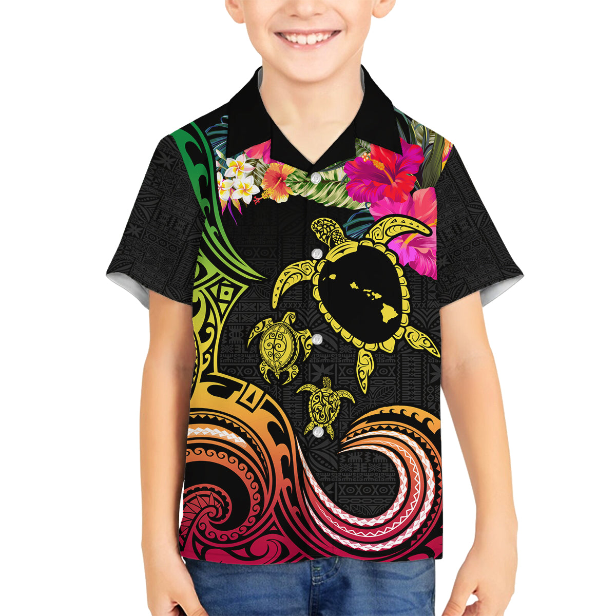 Hawaii Turtle Day Family Matching Long Sleeve Bodycon Dress and Hawaiian Shirt Polynesian Tattoo and Hibiscus Flowers LT03 Son's Shirt Black - Polynesian Pride